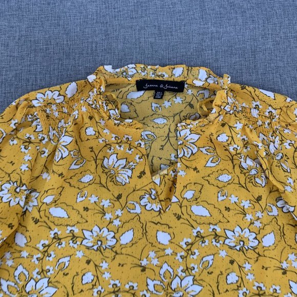 Jasmine & Juliana Yellow Floral‎ Blouse Small 3/4th Sleeves Ruffled Neckline - Picture 2 of 15